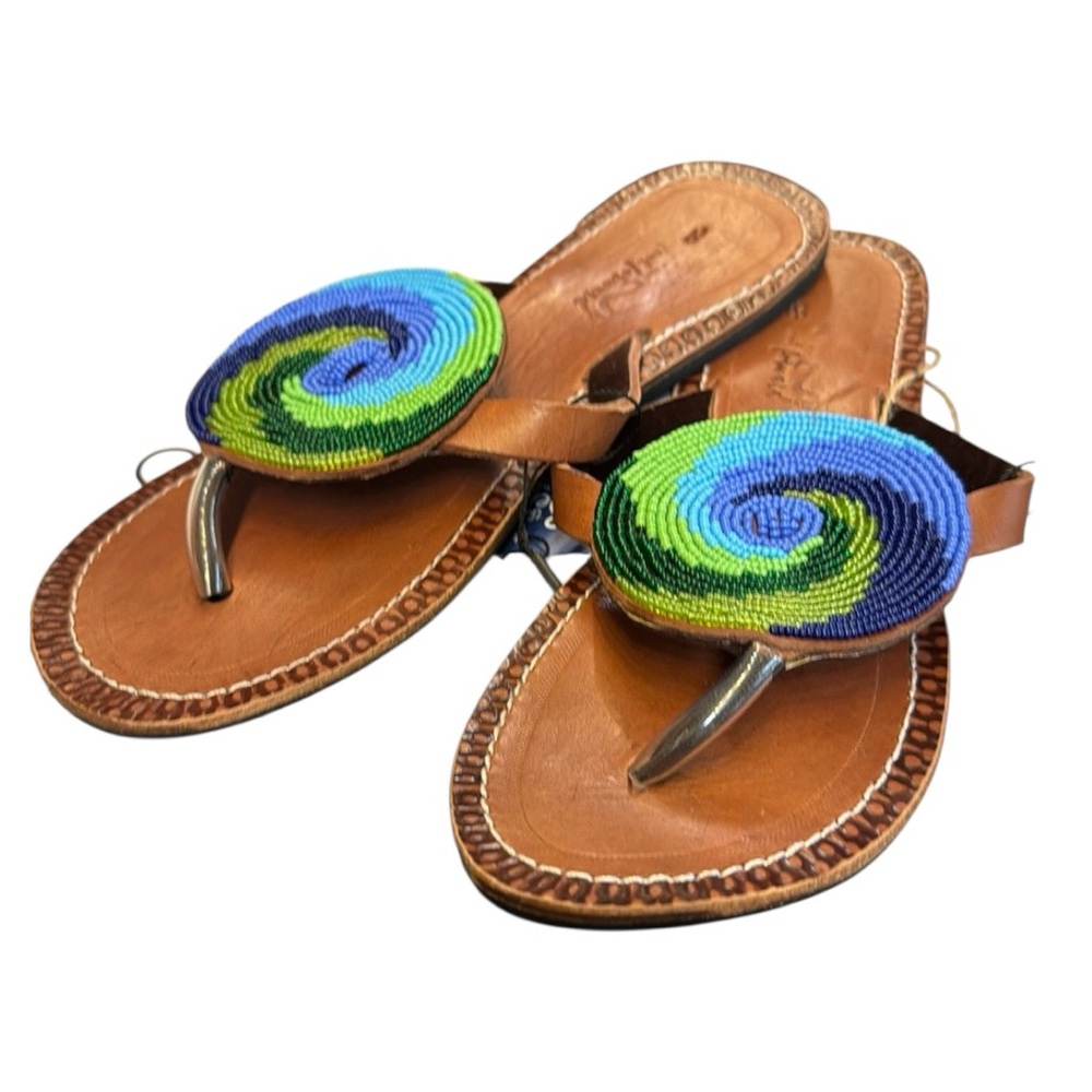 NWT East African Handmade  Colorful Beaded Sandals - Size 8